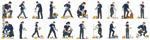 Collage of male and female warehouse workers in uniform performing various logistics tasks like packing, scanning, and organizing parcels on a white background.