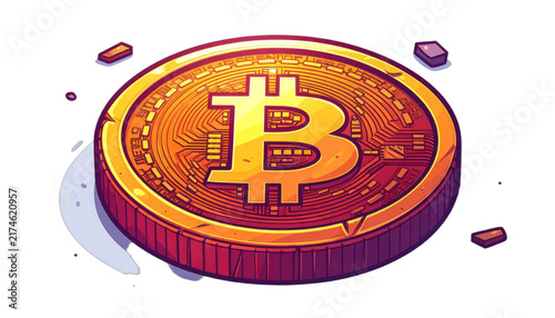 A vibrant illustration of a Bitcoin coin with a circuit board pattern. isolated on white background.
