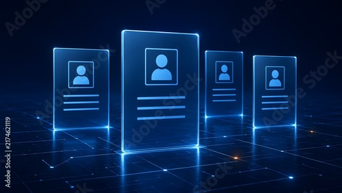 Futuristic digital user profiles floating on a glowing cybernetic network floor representing a virtual database, social networking, and human resources technology.