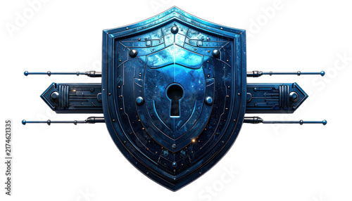 A metallic blue shield with a keyhole emblem and mechanical attachments. isolated on white background.