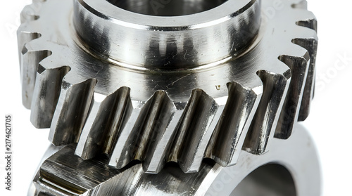 Bottom angle view of helical metallic gear teeth mechanism