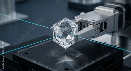 Robotic arm holding a precision cut crystal gemstone with glowing laser beams