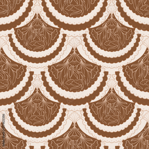 Принти на полотні A warm earth-tone repeat composed of scalloped botanical medallions, fine floral linework, and softly dotted details