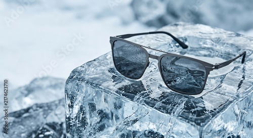 Stylish sunglasses resting on melting ice block with water drops