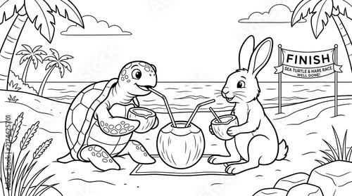 Fotografie Cute turtle and rabbit coloring page for kids with tropical beach finish line ba