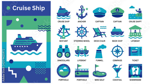 Cruise ship and nautical travel icon set in modern flat style for vacation and maritime industry