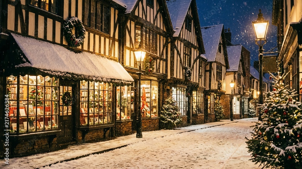 Fototapeta premium Tudor style bookshop and traditional stores on snowy street with christmas decorations