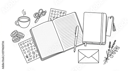 Hand drawn illustration of a workspace with open notebook, stationery, and coffee cup.