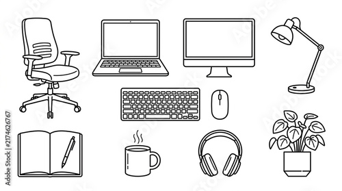 Set of office workspace icons including computer equipment and furniture in minimalist line art style.