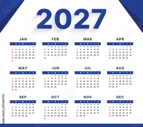 Vector 2027 Year Calendar Printable Template Design
