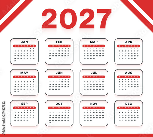 Vector 2027 Year Calendar Printable Template Design