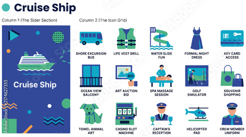 Cruise Ship Vacation Travel Icon Set with Nautical Amenities and Onboard Activities Infographic