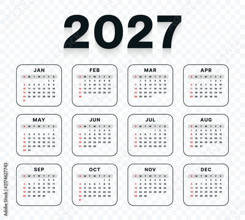 Vector 2027 Year Calendar Printable Template On Transparent Background