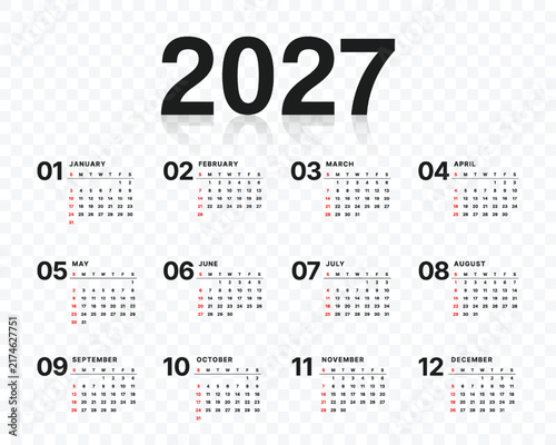 Vector 2027 Year Calendar Printable Template On Transparent Background