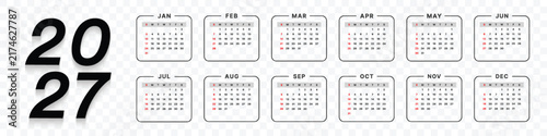 Vector 2027 Year Calendar Printable Template On Transparent Background