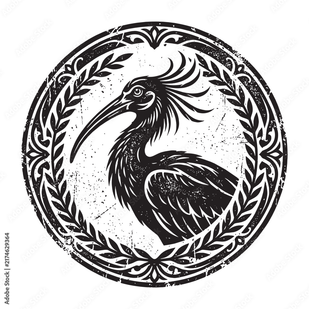 Obraz premium Vintage distressed emblem featuring a majestic heron bird surrounded by a laurel wreath, retro heritage style graphic illustration in black and white.