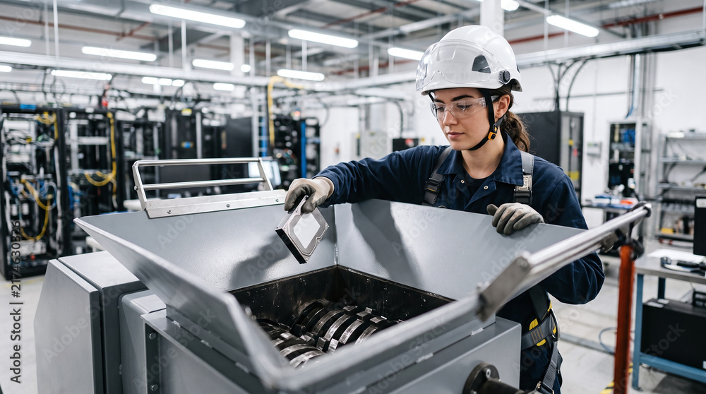 Fototapeta premium Female technician shredding hard drive into industrial hopper at data center