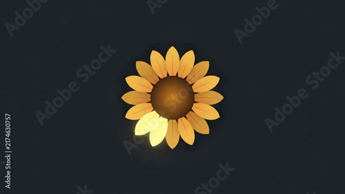 A single flat-style sunflower icon glows petal by petal in sequence against a dark charcoal background, forming a warm loading or progress animation.