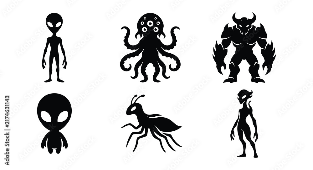Obraz premium Black silhouettes of various extraterrestrial creatures against a white background