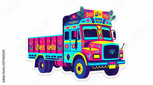 Colorful and vibrant traditional Punjabi truck art illustration with intricate floral patterns and cultural motifs