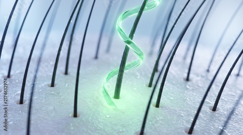 Green helical strand rises among dark hair follicles 3d rendering