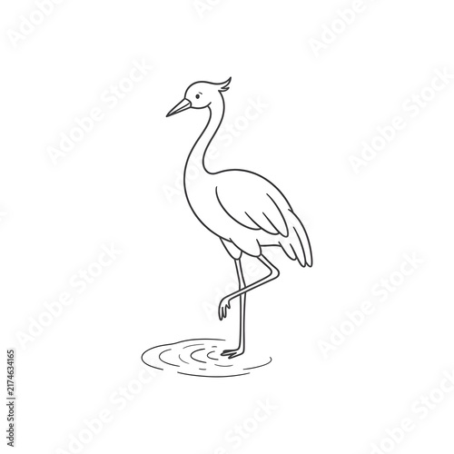 Minimalist line art crane bird standing on one leg isolated on white background