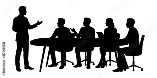 Business team meeting presentation collaboration strategy discussion leadership corporate office environment professional development silhouette