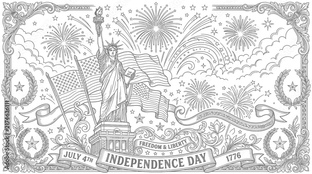 Fototapeta premium Independence Day illustration with Statue of Liberty, American flag and fireworks design.