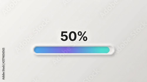 A light-mode progress bar fills with a purple-to-teal gradient alongside a bold rising percentage counter from 0% to 100% on a soft white background.