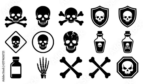 Картината върху платно Skull Icons Set with Poison Bottles, Crossbones, and Warning Symbols