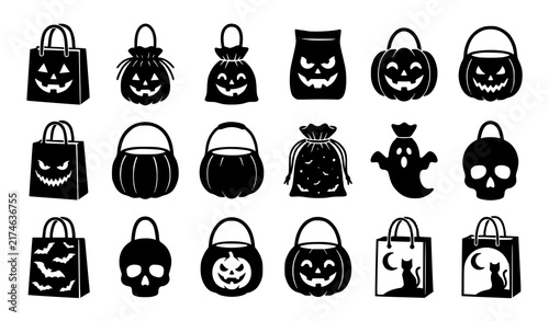 Halloween Pumpkins and Trick-or-Treat Bags Set, Spooky Icons and Festive