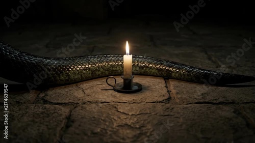 Cinematic 4K Eerie Giant Serpent Tail Slithering Past a Burning Candle on a Dark Stone Dungeon Floor