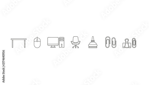 Set of thin line black and white icons representing common office desk items like computers chairs paperclips and stamps.