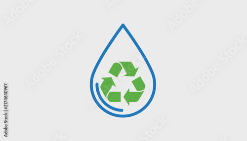 Environmentally friendly icon of a blue water drop surrounding a green recycling arrow loop indicating water preservation.