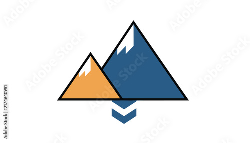 Clean landscape icon featuring an orange mountain and a blue mountain with double down arrows beneath them.