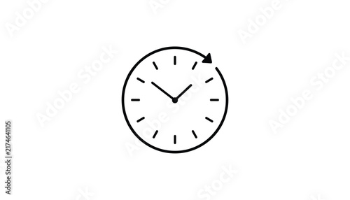 Minimalist black line clock icon with a circular arrow representing time passage, history, or round the clock service.