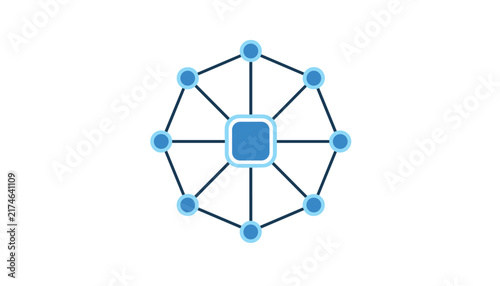 Centralized network database connection icon illustrating computer network nodes linked together on white background.