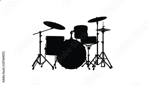 Black silhouette of a professional acoustic drum kit including cymbals, snare, and bass drum on a white background.