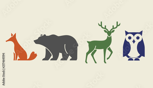 Row of minimalist forest animal icons featuring a red fox, grey bear, green deer, and blue owl on a cream background.