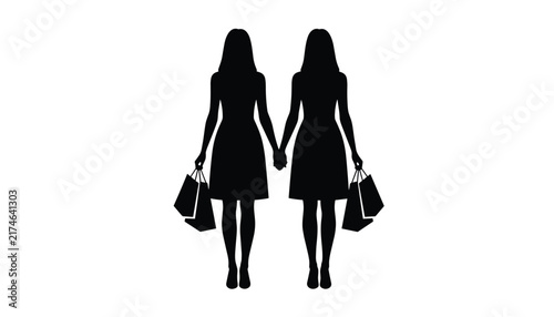 Silhouette of two women holding hands while carrying shopping bags, representing friendship and consumerism.