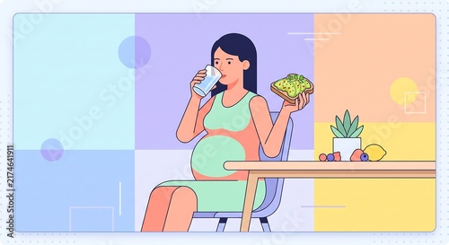 Pregnant woman drinking water and eating avocado toast at table. Healthy nutrition during pregnancy concept. Flat vector illustration for maternity and prenatal care.