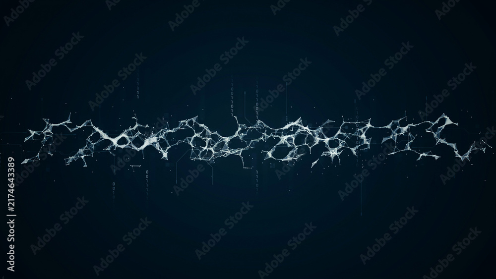 Fototapeta premium Glowing digital neural network beam and futuristic audio frequency line on dark background