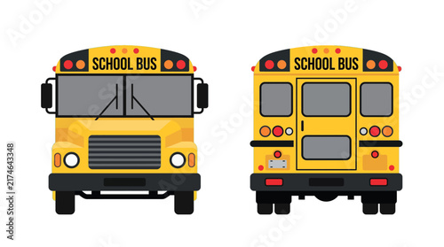 Yellow school bus vector set, front and back view of classic student transport, educational vehicle icons for back to school design