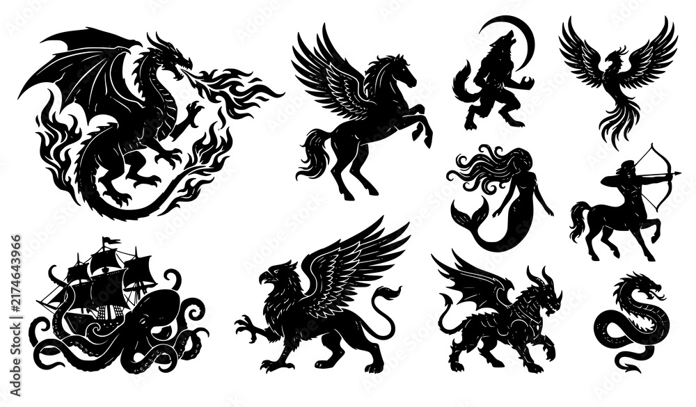 Fototapeta premium Legendary Fantasy Beast Black Silhouette Vector Collection with Dragon Pegasus Werewolf Phoenix Mermaid Centaur Kraken and Griffin