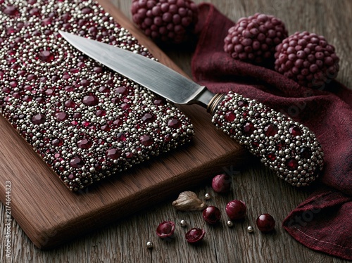 Decorative ornate knife with ruby gemstone handle on a wooden cutting board