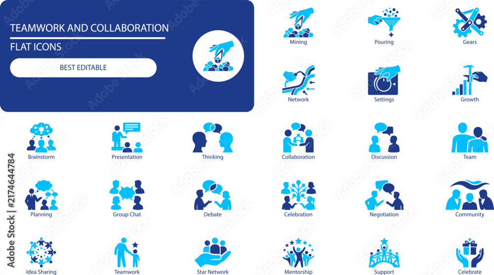 Naklejka premium Teamwork and collaboration icons set. Minimal silhouette vector collection of people, communication, and business symbols for presentations and apps.