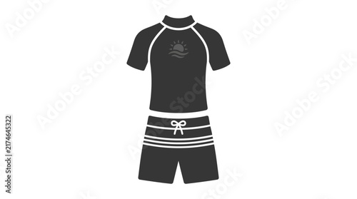 A minimalistic vector illustration of summer surf wear set featuring a rash guard shirt and swimming trunks for beach activities and water sports icon