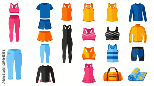 A comprehensive collection of colorful fitness and sportswear vector icons for gym training apparel and workout equipment lifestyle design elements