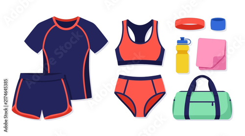 Set of fitness and gym clothes and accessories for exercise vector illustration featuring athletic apparel items and gym gear for active lifestyle training