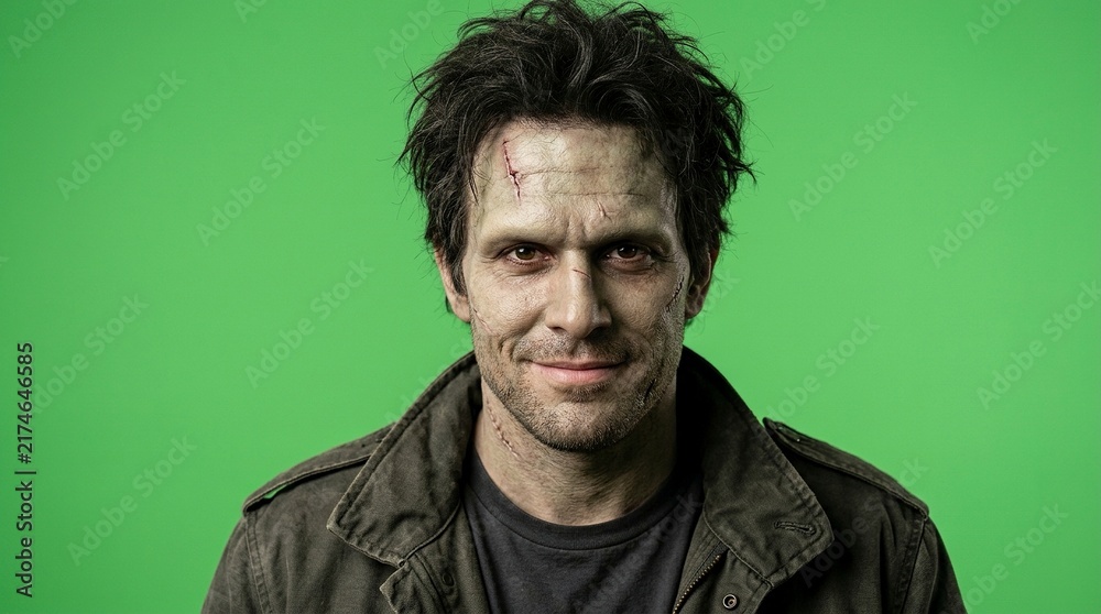 Fototapeta premium Scary Man in Frankenstein Monster Halloween Makeup with Scars and Messy Hair on Green Screen Background